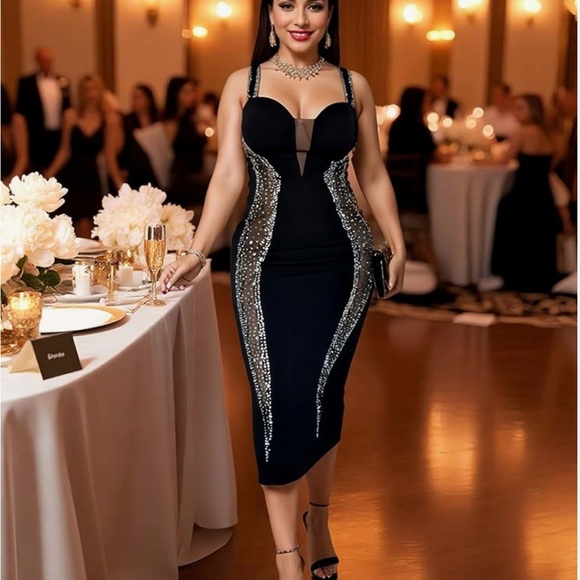 010 NWOT Sparkling Sequin & Rhinestone Embellishment Black Midi sleeveless Dress - Picture 2 of 7